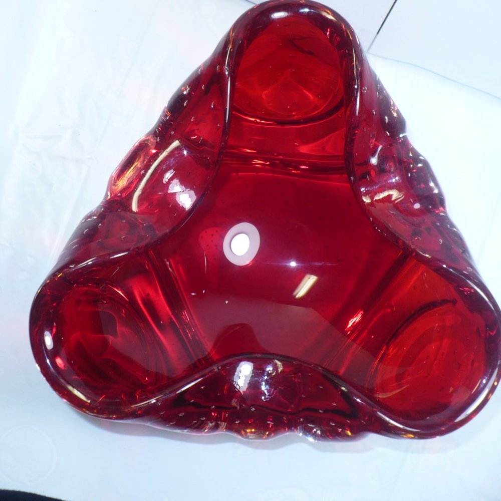 MURANO  Bowl Controlled Bubble Red Art Glass - Picture 5 of 6
